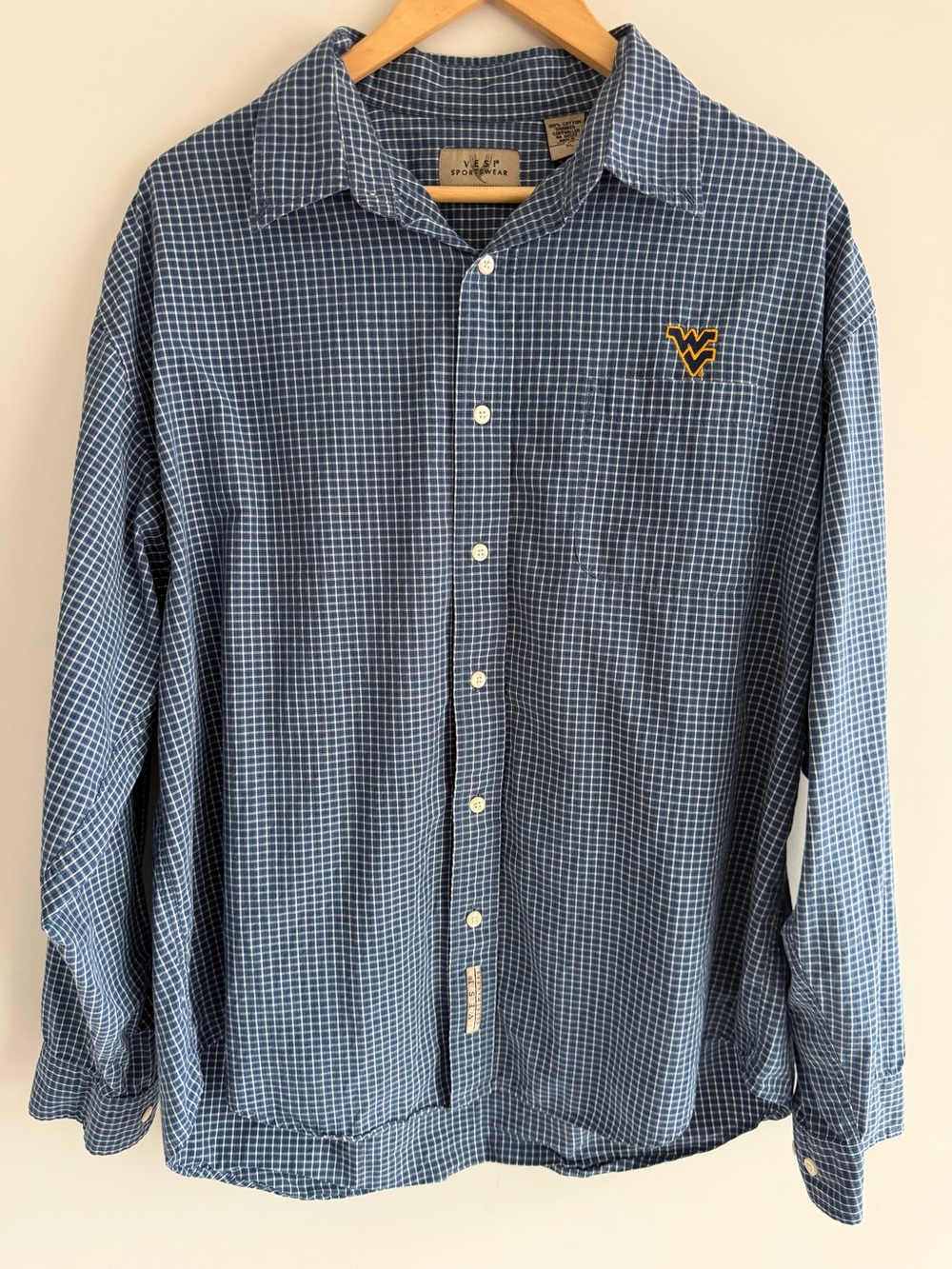 West Virginia Mountaineers WVU Vesi Blue Check Button Up Shirt Mens XL